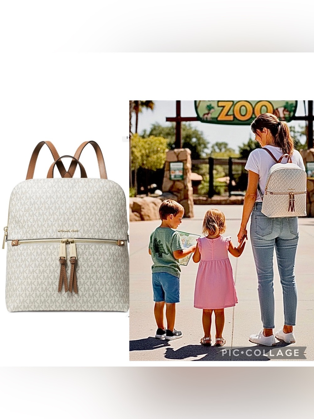 MICHAEL KORS MK Rhea Zip Medium Slim Backpack • Logo Vanilla / Acorn / Beige